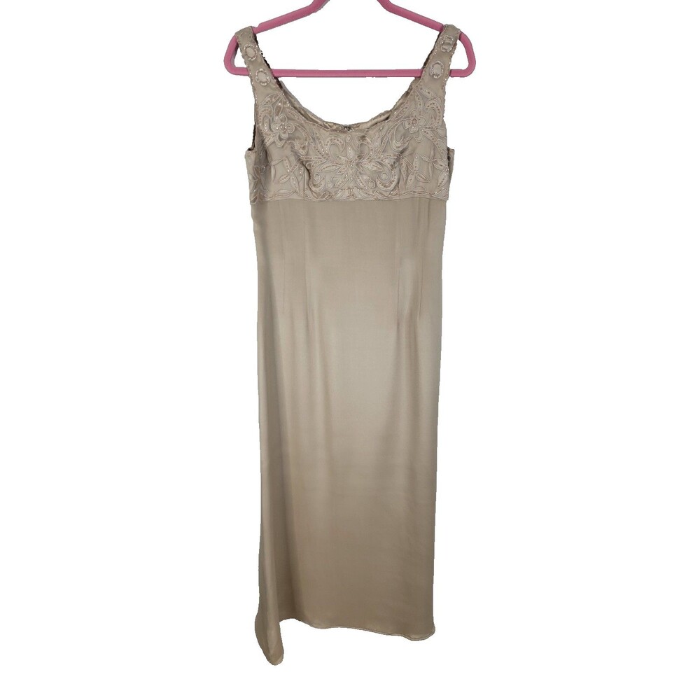 Rimini Silk Beige Midi Dress Size 8 Y2k Beaded Beige Pale Pink Beads